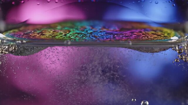 Vibrant colorful bubbles floating on water.