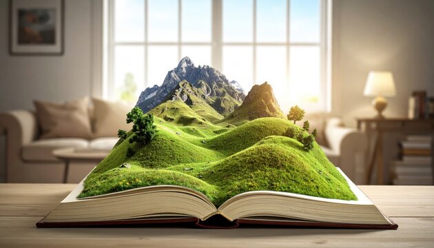 An open book reveals a miniature living landscape of rolling green hills and majestic mountains, bathed in sunlight