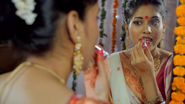 A Bengali woman in a red-bordered saree getting ready for a traditional function. Closeup of an Indian Bengali lady in traditional saree wearing lipstick while grooming - Bengali Culture