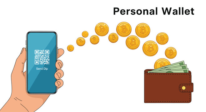 Personal wallet cryptocurrency concept shows a hand holding a smartphone with a QR code and gold bitcoins flying into a wallet.