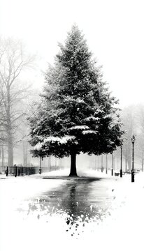 Vector silhouette drawing of winter tree for Christmas themed design