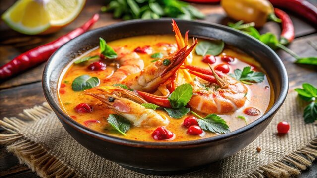 Spicy coconut prawn soup with chili and curry flavor