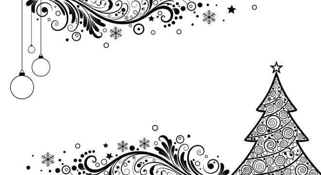 Black and white Christmas frame featuring a decorative tree, hanging ornaments, snowflakes, and elegant swirling patterns.