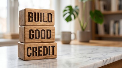 Build Good Credit Concept with Stacked Wooden Blocks on Modern Desk in Bright Home Office