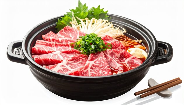 A delicious Japanese beef hot pot known as sukiyaki served in a traditional black clay pot with fresh vegetables and mushrooms for dinner.