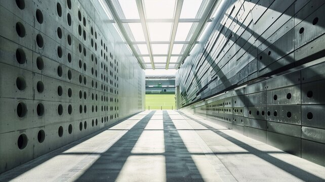 Sunlit brutalist concrete tunnel corridor leading to green stadium field with dramatic shadow