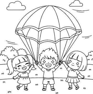Three happy children playing with a large parachute outdoors.