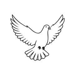 Fototapeta premium Elegant white dove outline vector illustration isolated on white background. Symbol of peace, freedom, hope, spirituality, harmony and love. Perfect for logos, icons, emblems and designs.