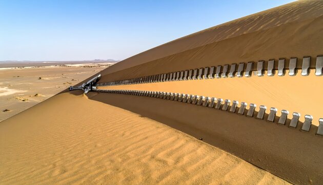 Giant Metal Zipper Unzipped Across a Vast Sandy Desert Dune Landscape