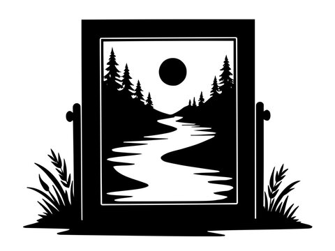 Ein dekorativer Spiegel zeigt statt einer Reflexion eine Berglandschaft. Das Motiv verbindet Realit&auml;t und Fantasie auf kreative Weise. KI Generiert