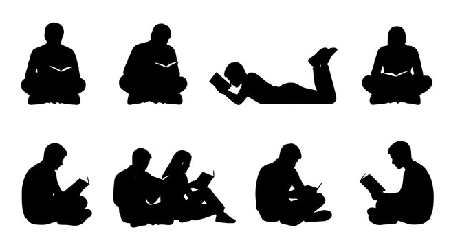 People reading books silhouettes set with students men and women sitting and lying down for education library design vector illustration