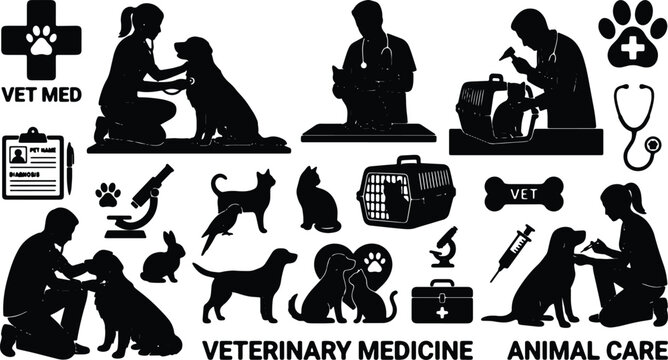 Veterinary Medicine Icons Set, Animal Care Silhouettes, Vet Clinic Graphics, Pet Health Symbols, Medical Equipment Vector Collection