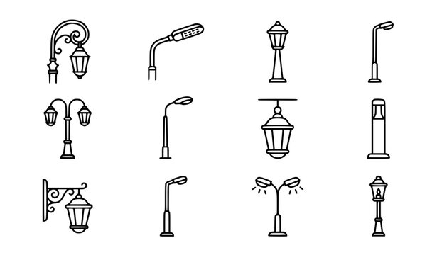 Street lamp post line icons set with vintage park lanterns and modern urban highway lighting outline vector illustration