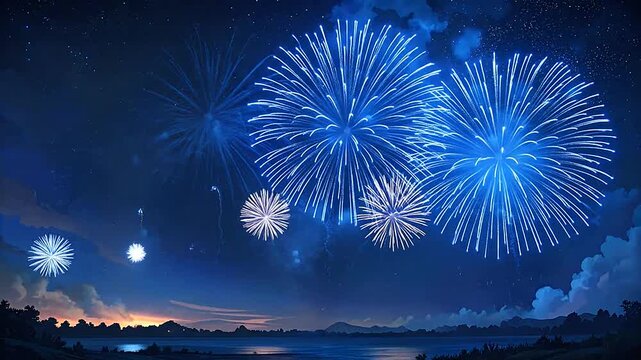 Bright blue fireworks explode over a calm dark lake at night