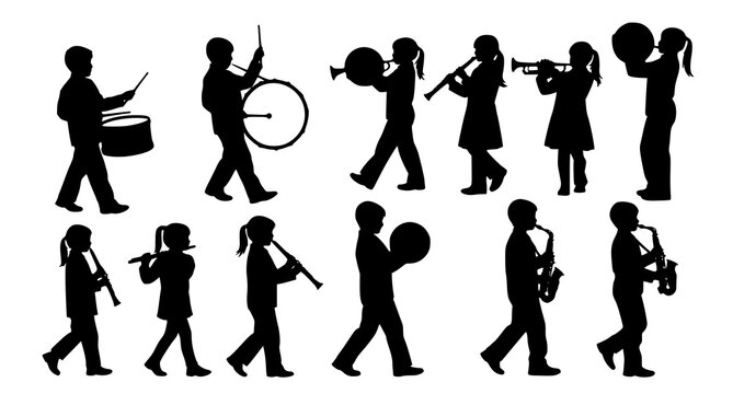 Children marching band silhouettes playing musical instruments including drums trumpet flute and saxophone vector illustration