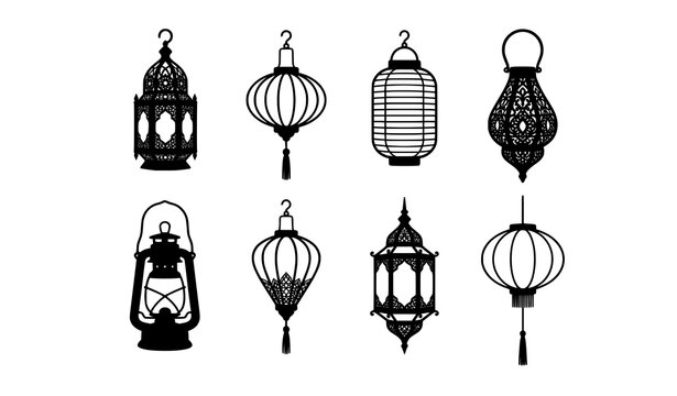 Traditional oriental paper lanterns ramadan arabic lamps and vintage oil lamp silhouettes set for festive decoration vector illustration