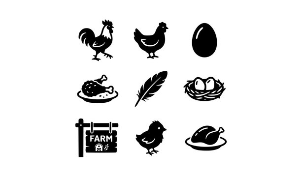 Poultry farm agriculture business chicken rooster egg chick and roasted meat solid glyph icons set for market logo vector illustration