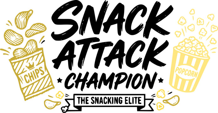 Snack Attack Champion The Snacking Elite bold hand-lettered logo badge with chips and popcorn illustrations in black and golden yellow on white background