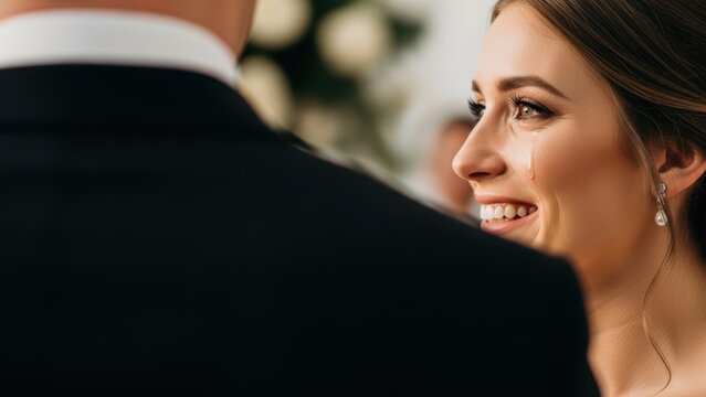 Joyful bride sheds tear while smiling at her groom.