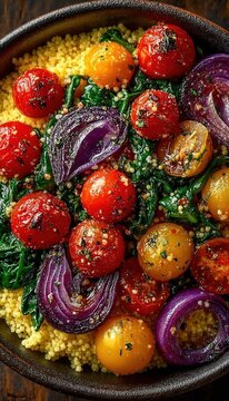 Vegetable millet salad with cherry tomatoes, red onion, spinach, citrus dressing, healthy vibrant colors