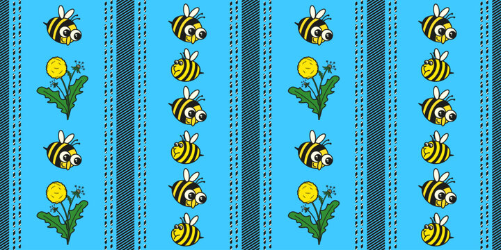 Dobby child wallpaper design with funny bee Summer flowers and Dobby seamless pattern. Vector kids farmhouse stripe wallpaper design. Perfect textile fabric print child bedroom decor. EPS 10