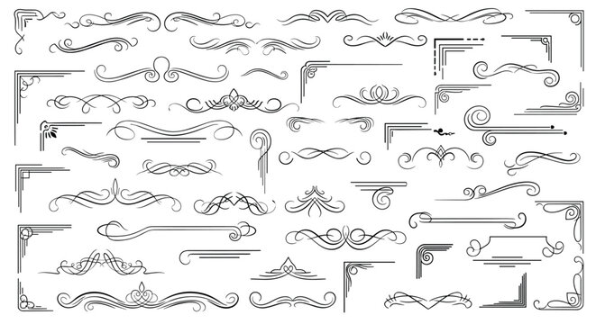 Extensive set of elegant vintage decorative scroll dividers and corner ornaments for wedding invitations and formal document design.