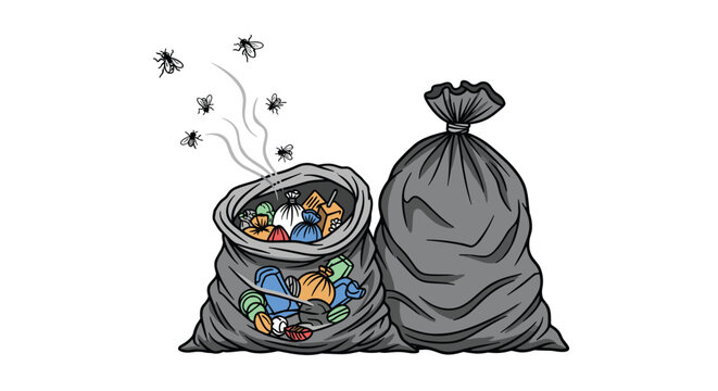 Two full black garbage bags with one open revealing smelly trash and flies buzzing around it in a cartoon style.