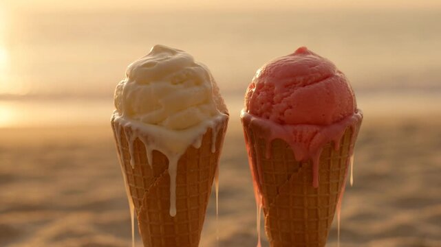 Melting vanilla and strawberry ice cream cones at sunset on a beach