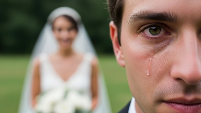 Groom sheds tear while blurry bride stands in background.