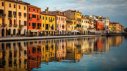 Obraz premium Traditional Italian waterfront architecture reflected in calm canal waters