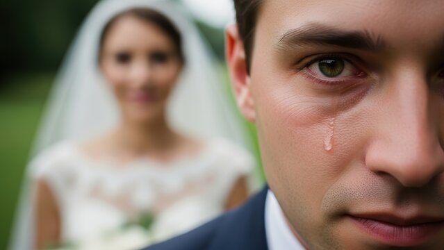 Emotional groom cries single tear looking toward the camera.