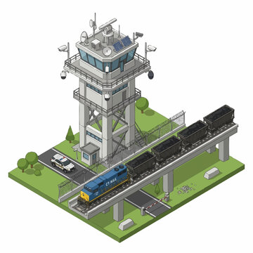 Train passing through railway control tower.