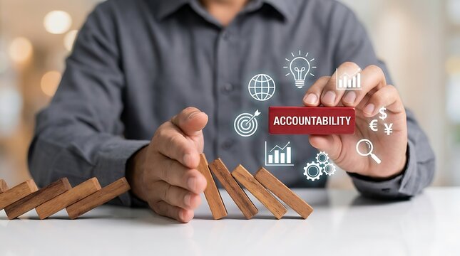 Man holding accountability block to stop domino effect with business icons