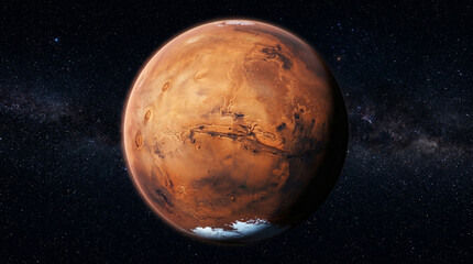 Naklejka premium Mars in Space: A stunning, realistic depiction of the planet Mars, showcasing its iconic red surface, polar ice caps, and the vast expanse of space with distant stars.