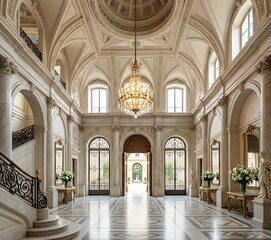 Naklejka premium Luxury Grand Foyer of a European Palace with Marble Floor and Chandelier 