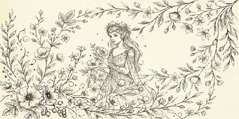 Vintage grunge floral pattern design on old paper texture background with winter snowflake elements © MDSyedAhmed