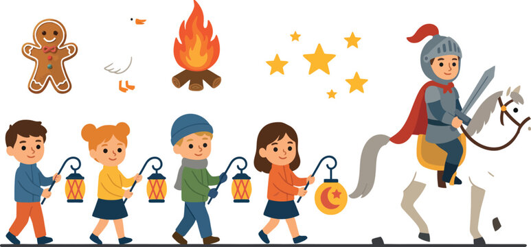 Cute Kids Lantern Parade Vector Illustration Featuring Saint Martin on Horseback with Bonfire and Gingerbread for European Autumn Festival Banners and Children Prints