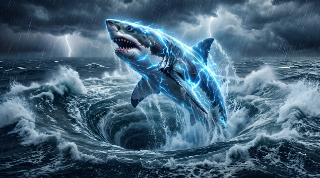 White Shark Leaping from a Stormy Ocean Whirlpool with Lightning Energy, Dramatic Thunderstorm Waves and Fantasy Marine Predator Concept