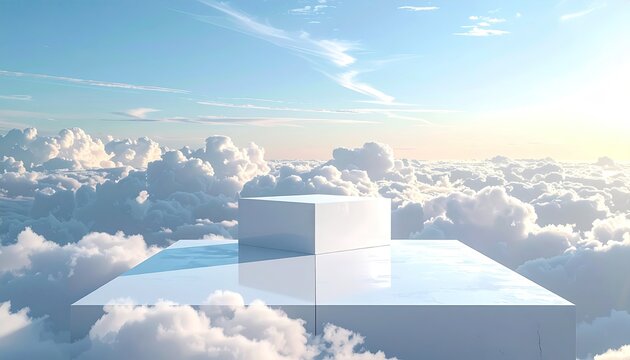 Reflective white platform and cube float above soft clouds at sunrise