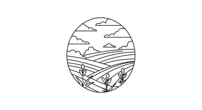 Black and white landscape drawing circle.