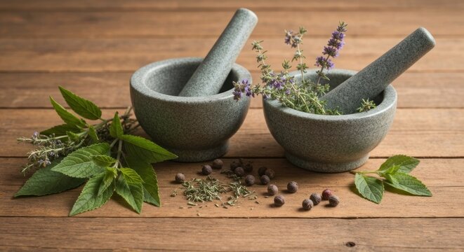 Two mortar and pestles with herbs, on wooden table