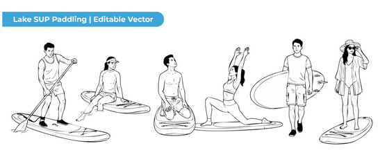 Obraz premium SUP paddleboard vector line art set of people paddling, sitting, practicing yoga, and walking with boards on white background for summer outdoor water sports activities & active lifestyle designs.