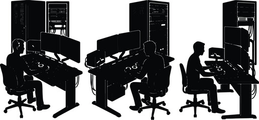 Fototapeta premium Data Center Silhouettes: Technicians at Work, Server Racks, Dual Monitors, Control Room Setup, IT Professionals