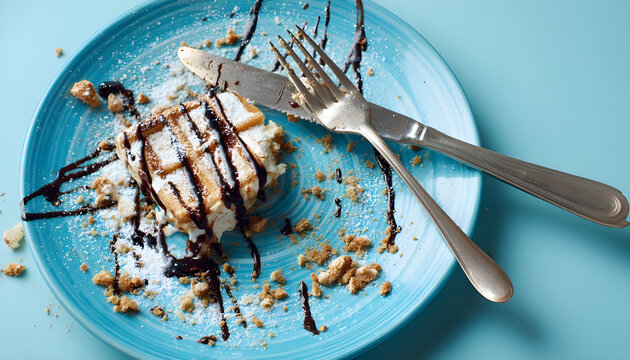 Finished cafe dessert plate with dirty fork and knife, chocolate sauce streaks, waffle crumbs, powdered sugar, and cream residue on a blue plate after a sweet brunch meal indoors close up.