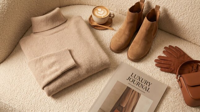 Minimal luxury winter outfit flat lay with beige turtleneck sweater, tan boots and cappuccino cup on cream textured background, soft warm lighting, old money neutral aesthetic, premium fashion magazin