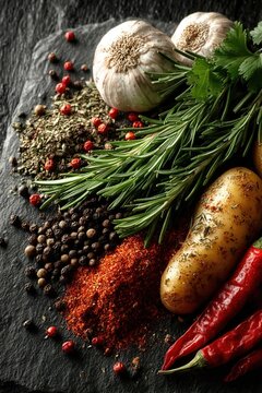 Vegetables and spices on black surface, top-down layout with empty space for text, dramatic lighting