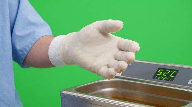 Hand undergoing paraffin wax therapy treatment with digital temperature display