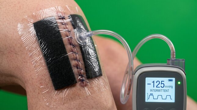 Hand with medical wound dressing applying negative pressure therapy device on skin