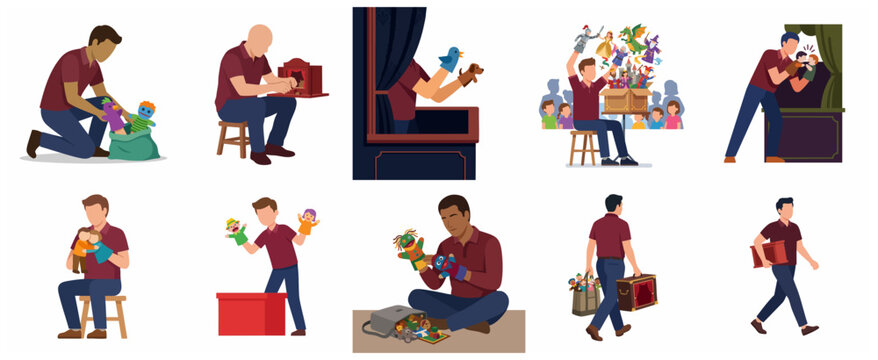 Set of Man Puppeteer Characters Performing Hand Puppet Show and Storytelling for Children