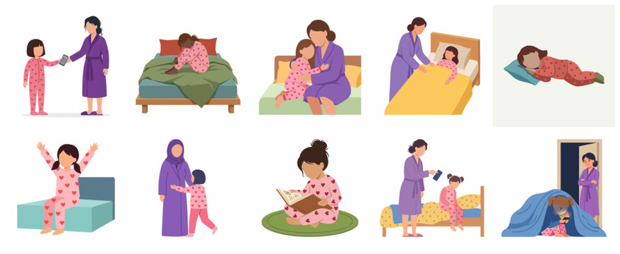 Children Bedtime Routine and Digital Device Addiction Concept Illustration Set